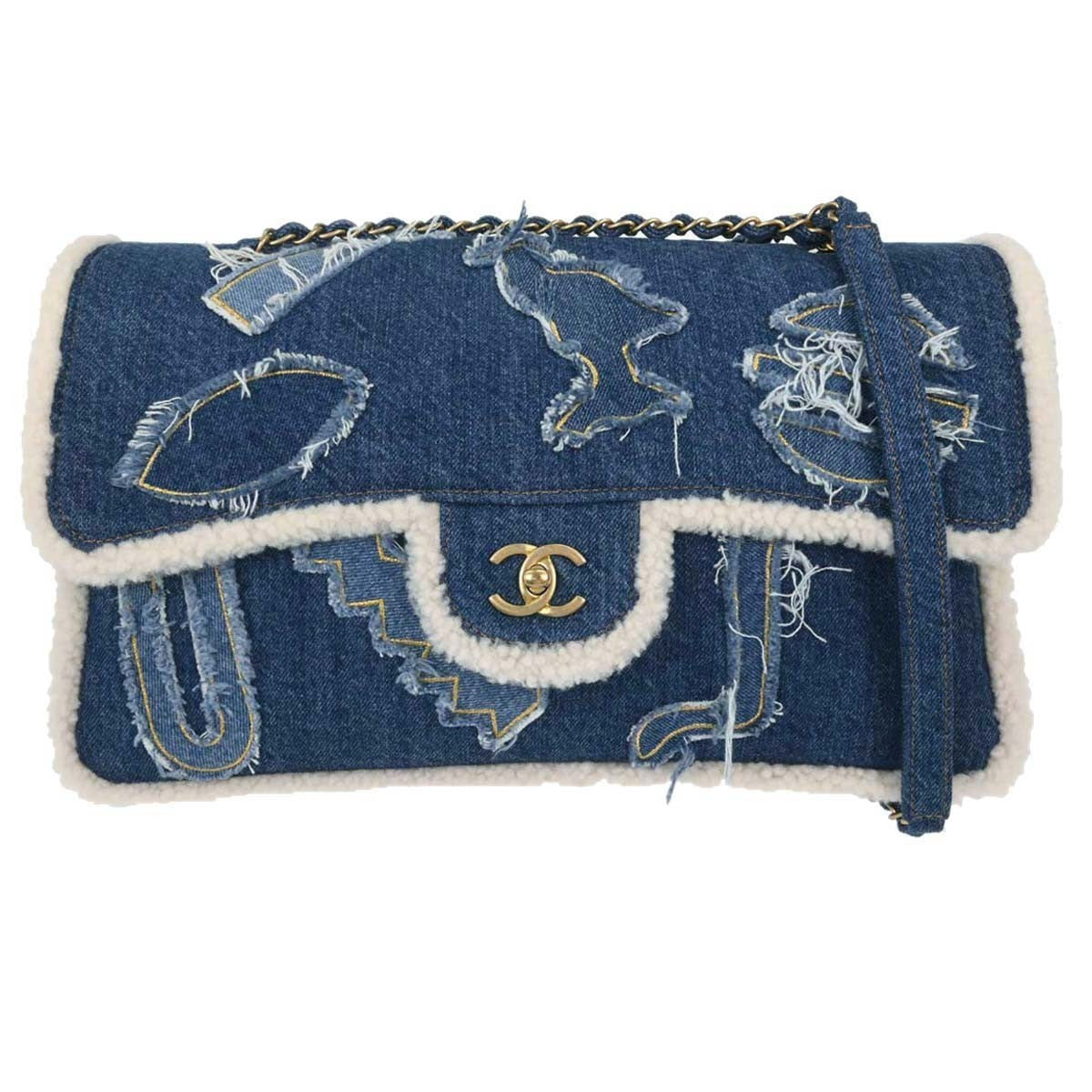 Chanel Egyptian Hieroglyph Flap Bag Denim and Shearling Medium - image 1