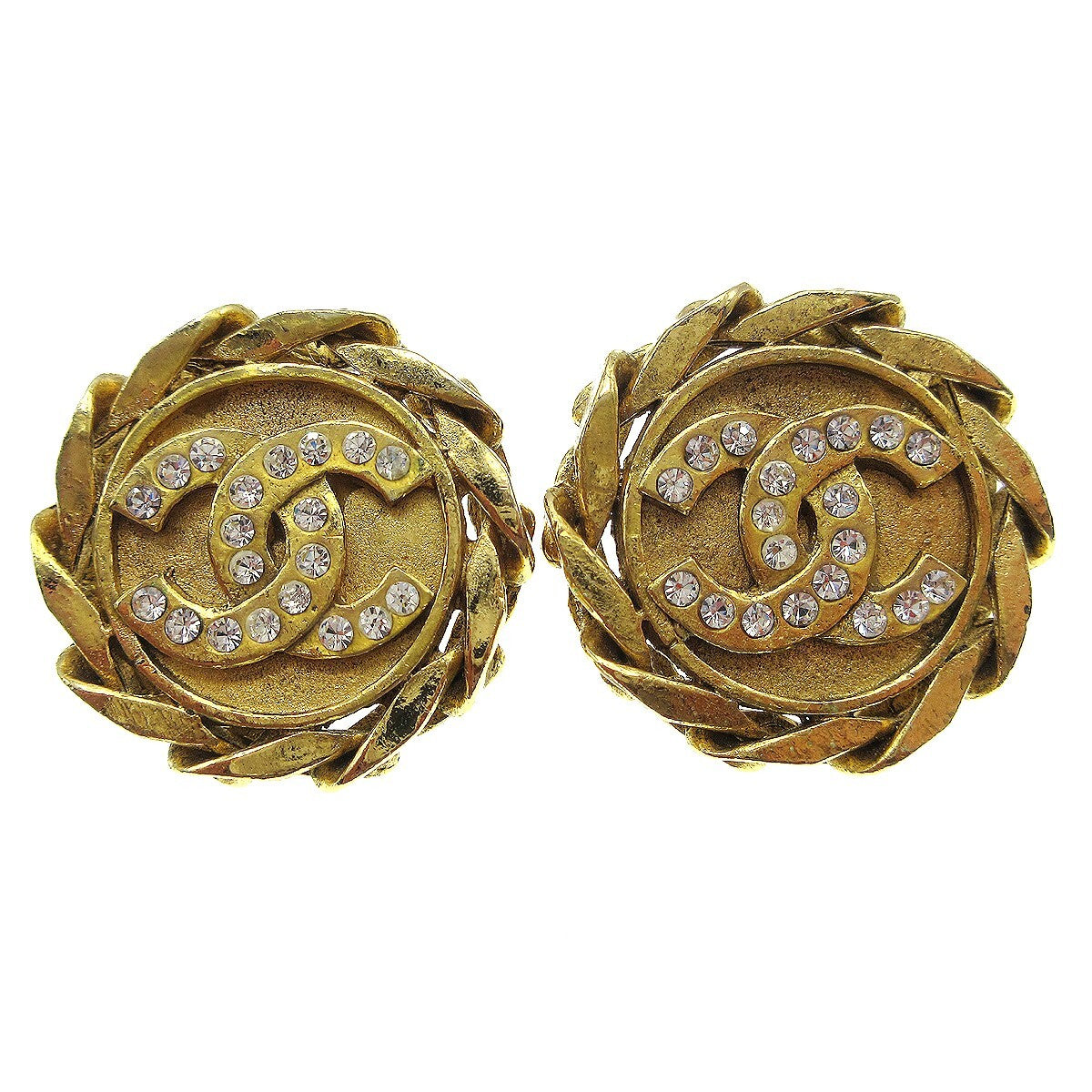 Chanel Vintage CC Round Clip-On Earrings Metal with Crystals - image 1