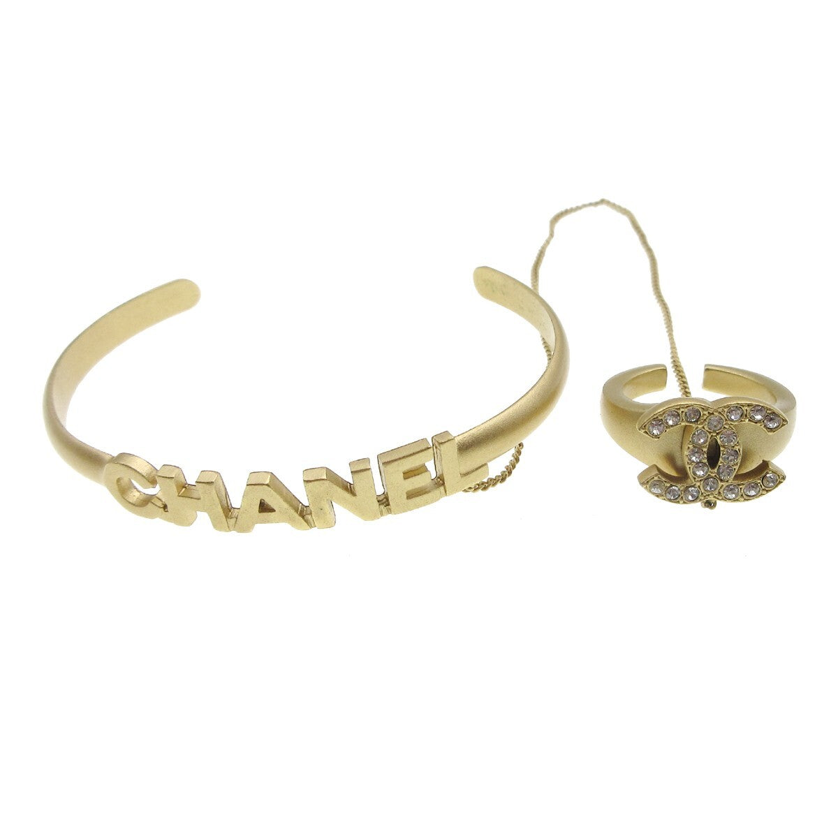 Chanel Logo Bangle with Chain Attached CC Ring Metal with Crystal - image 1