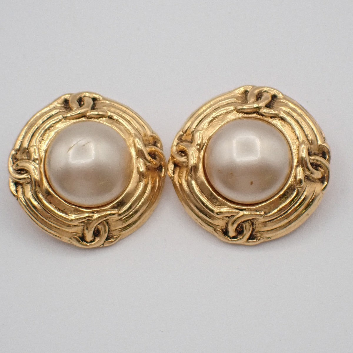 Chanel Vintage Round Clip-On Earrings Metal with Faux Pearl - image 1