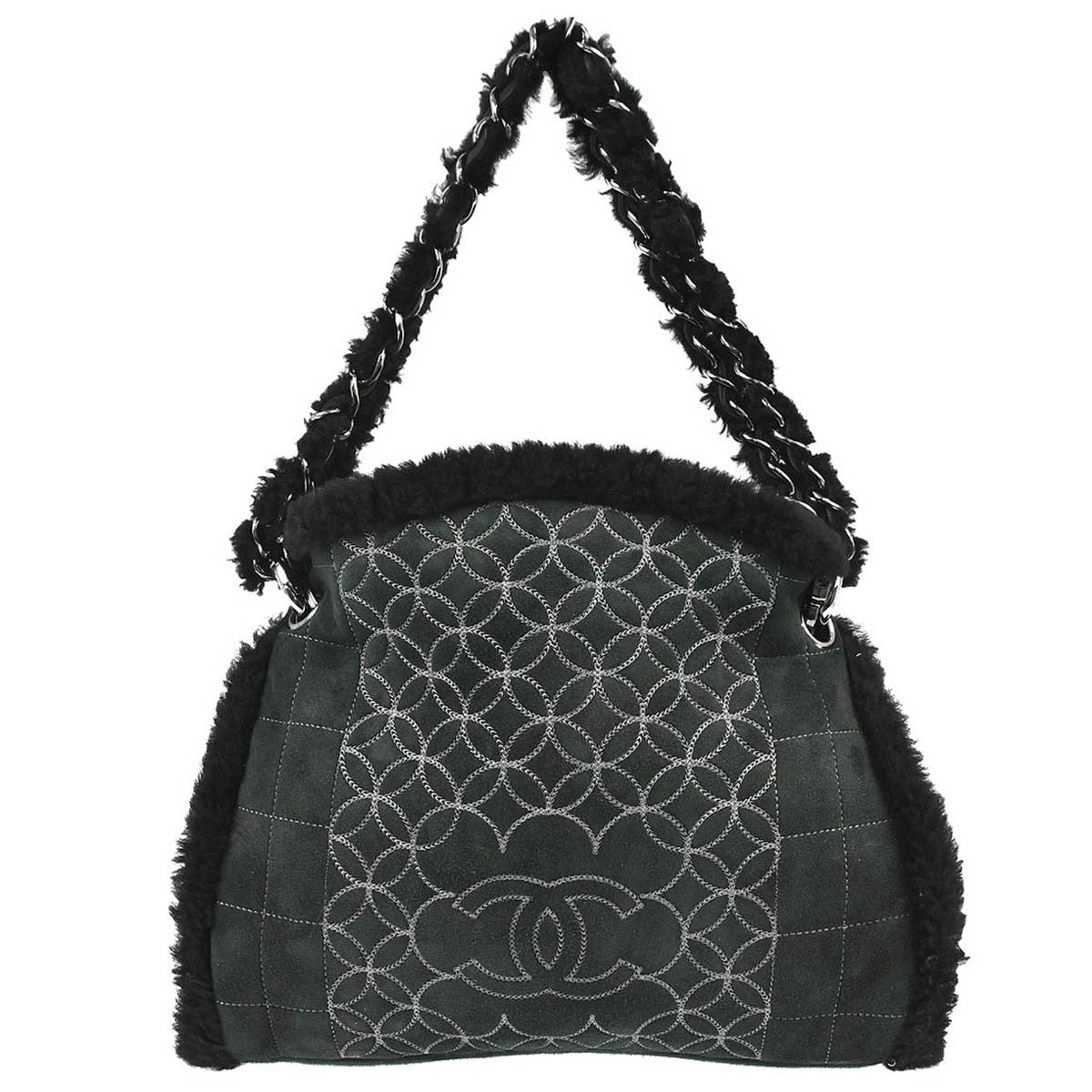 Chanel Vintage Embroidered CC Chain Tote Quilted Suede and Shearling - image 1
