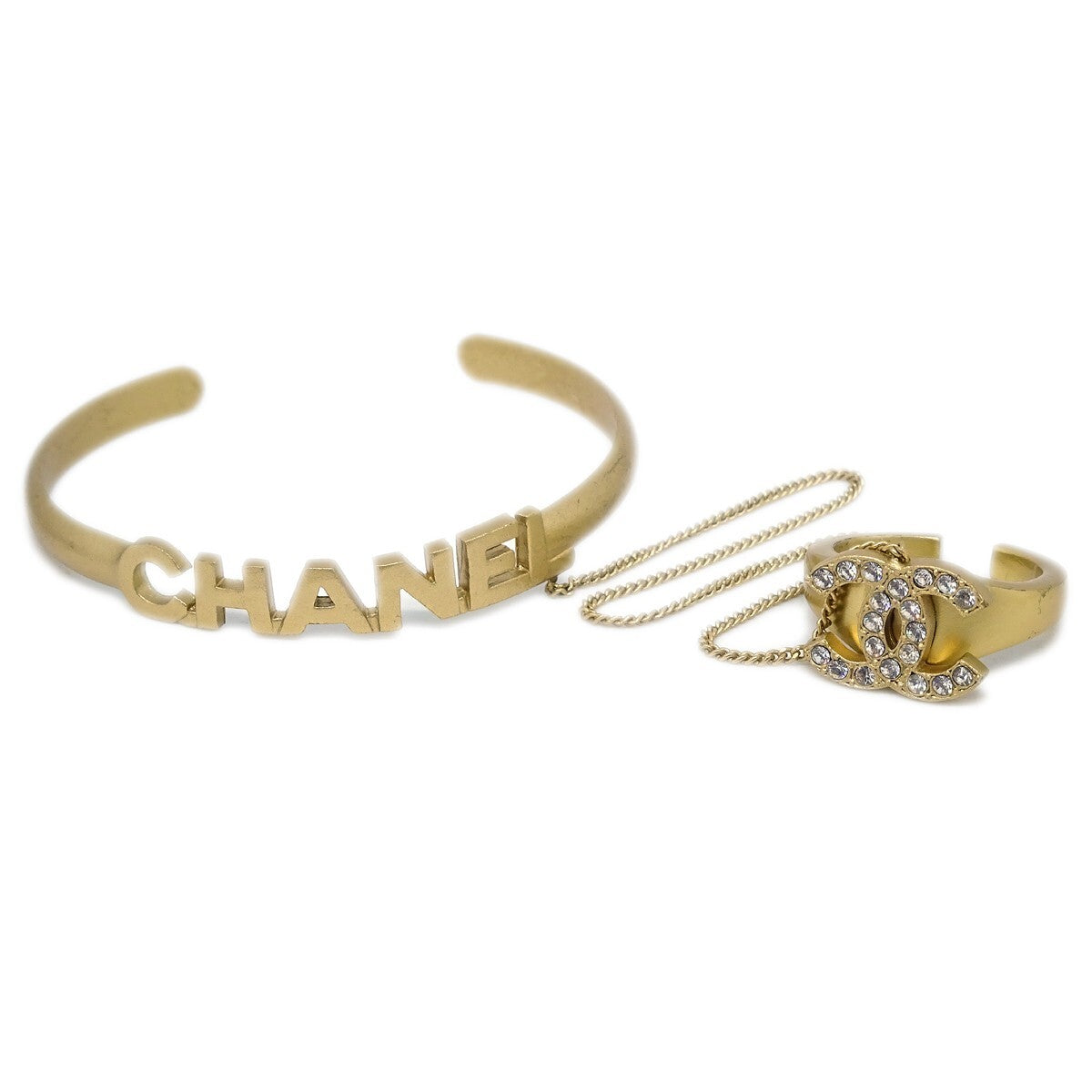Chanel Logo Bangle with Chain Attached CC Ring Metal with Crystal - image 1