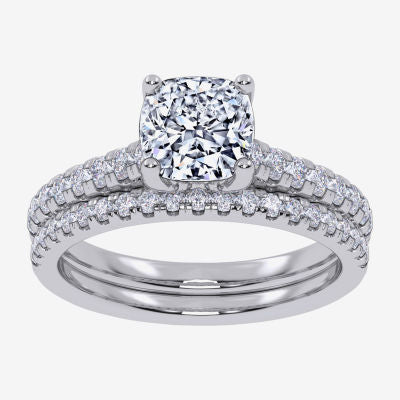 (H-I / Si2-I1) Womens 1 1/2 CT. T.W. Lab Grown White Diamond 10K White Gold Cushion Side Stone Bridal Set