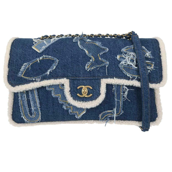 Chanel Egyptian Hieroglyph Flap Bag Denim and Shearling Medium - image 1