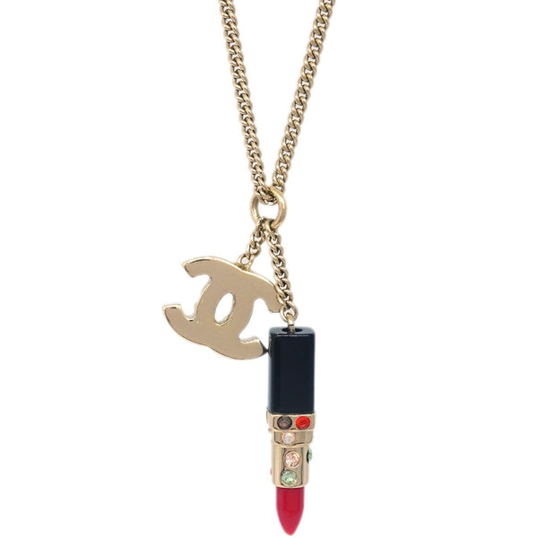 Chanel CC Lipstick Charm Pendant Necklace Metal with Resin and Crystals
