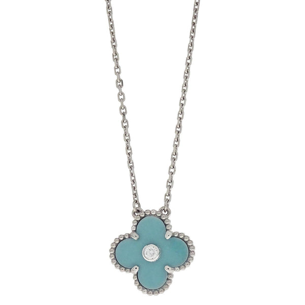 Van Cleef & Arpels Vintage Alhambra Pendant Necklace 18K White Gold and Green Celadon Sevres Porcelain with Diamond