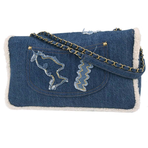 Chanel Egyptian Hieroglyph Flap Bag Denim and Shearling Medium