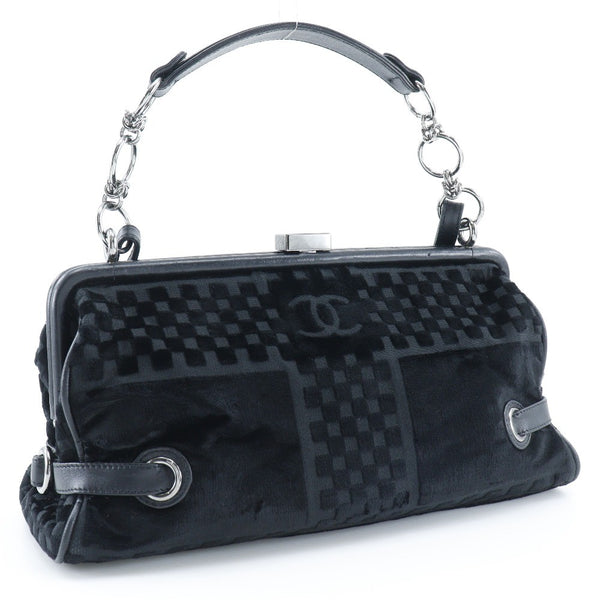 Chanel Vintage CC Side Belted Bowler Bag Check Embossed Velvet Medium