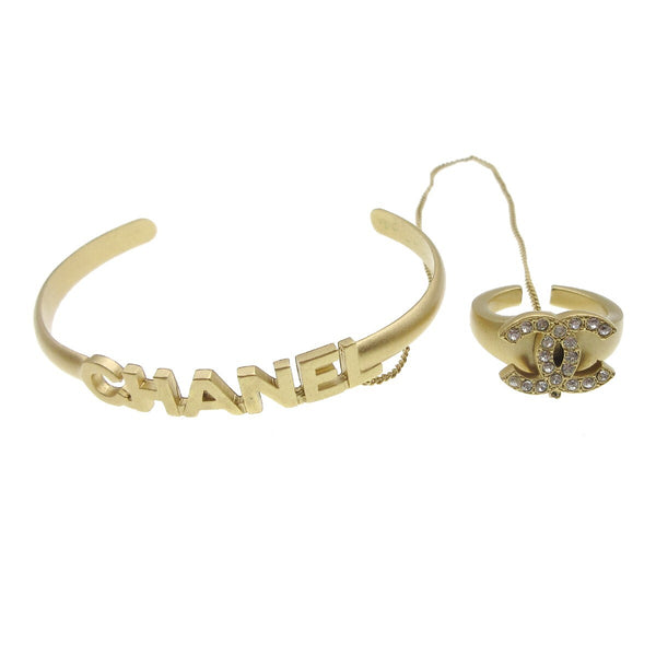 Chanel Logo Bangle with Chain Attached CC Ring Metal with Crystal - image 1