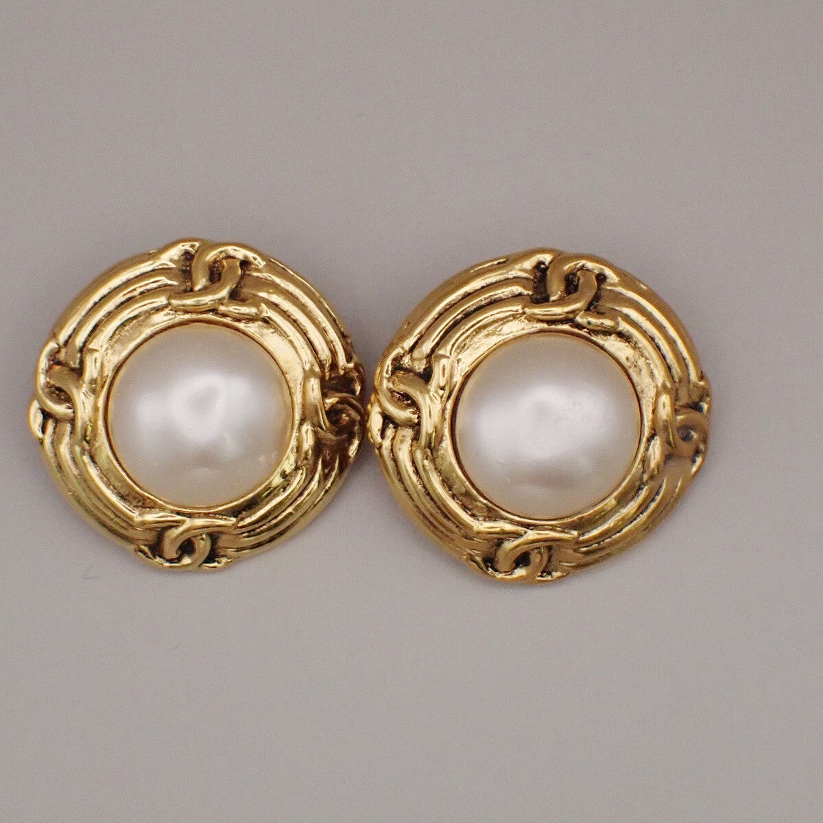 Chanel Vintage Round Clip-On Earrings Metal with Faux Pearl - image 1