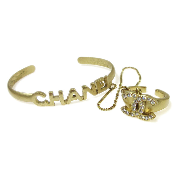 Chanel Logo Bangle with Chain Attached CC Ring Metal with Crystal - image 1