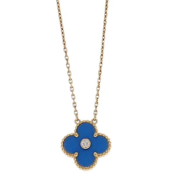 Van Cleef & Arpels Vintage Alhambra Pendant Necklace 18K Yellow Gold and Blue Sevres Porcelain with Diamond