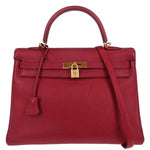 Hermes Kelly Handbag Red Clemence with Gold Hardware 35 - image 1